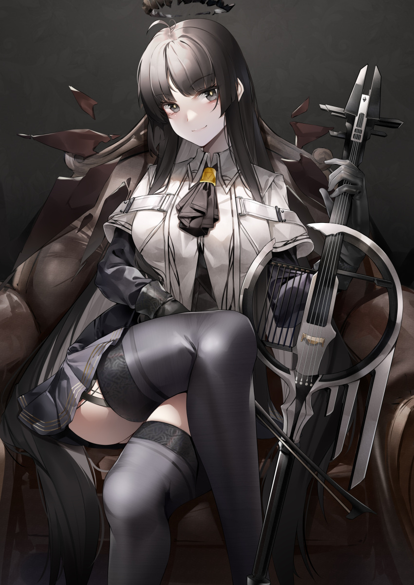 1girl absurdres ahoge antenna_hair arknights ascot ass_visible_through_thighs black_ascot black_background black_eyes black_garter_straps black_gloves black_hair black_halo black_skirt black_thighhighs black_wings blunt_bangs bow_(music) breasts broken_halo cello chinese_commentary closed_mouth collared_jacket commentary_request couch crossed_legs dark_halo detached_wings elbow_gloves energy_wings garter_straps gloves halo hand_up highres hime_cut holding holding_bow_(music) holding_instrument holding_violin instrument jacket light long_hair looking_at_viewer lubikaya medium_breasts mole mole_under_eye on_couch sidelocks sitting sitting_on_object skindentation skirt smile solo thighhighs thighs very_long_hair violin virtuosa_(arknights) white_jacket wings zettai_ryouiki