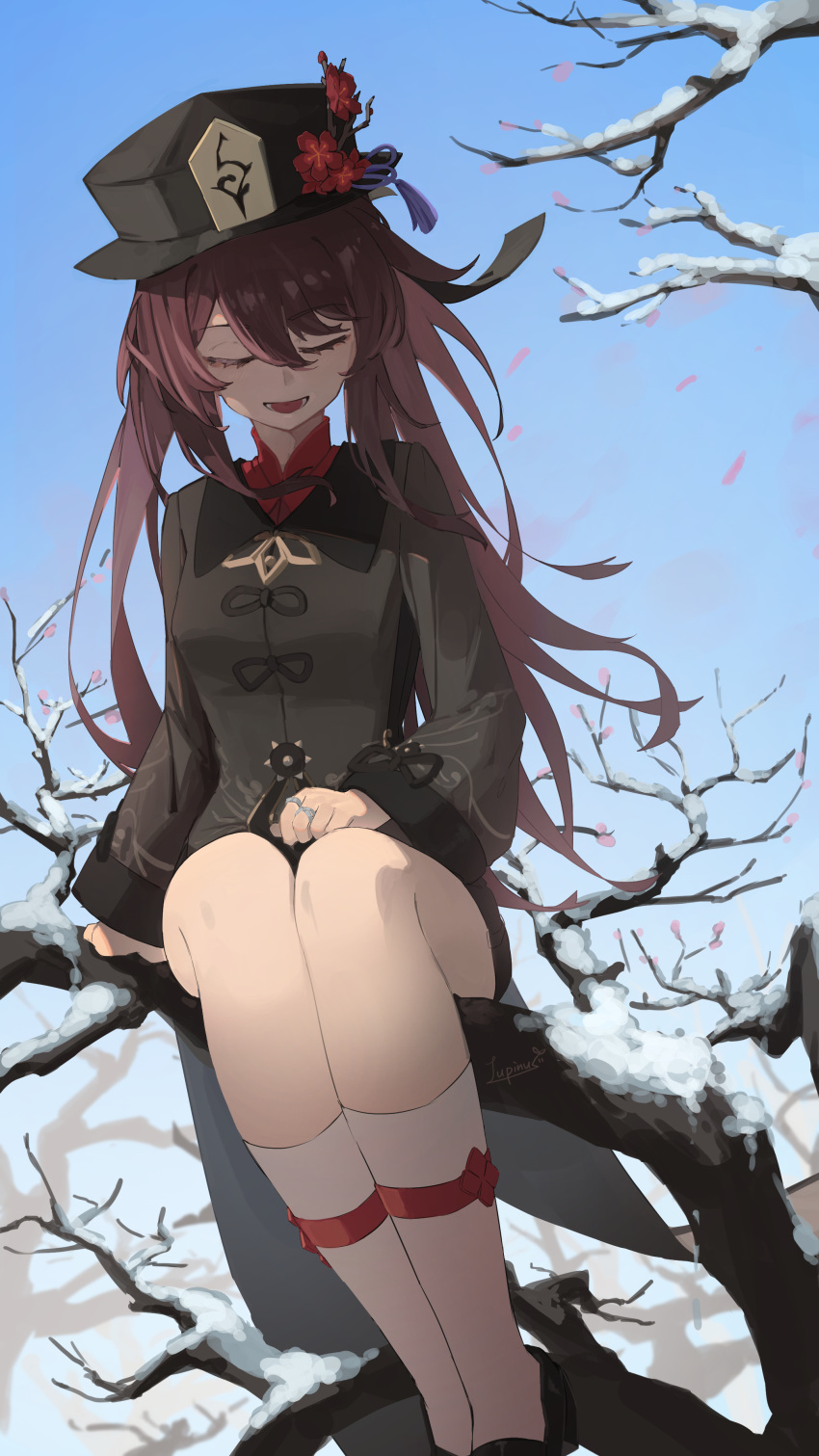 1girl absurdres black_headwear black_jacket brown_hair closed_eyes day facing_viewer flower genshin_impact hair_between_eyes hat hat_flower highres hu_tao_(genshin_impact) in_tree jacket kneehighs long_hair long_sleeves lupinu5 open_mouth outdoors red_flower sitting sitting_in_tree snow socks solo tree twintails white_socks