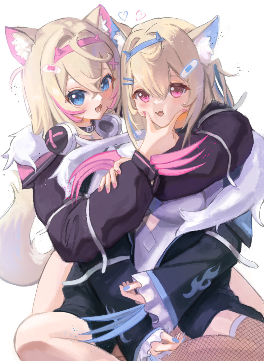 2girls absurdres animal_ear_fluff animal_ears besidoesart blonde_hair blue_hair blue_nails blush breasts cheek_pinching cropped_jacket cropped_shirt dog_ears dog_girl dog_tail fake_claws fang fishnet_thighhighs fishnets fur-trimmed_jacket fur_trim fuwawa_abyssgard hair_ornament hairpin headphones headphones_around_neck heart highres hololive hololive_english hug jacket large_breasts long_hair looking_at_viewer medium_hair mococo_abyssgard multicolored_hair multiple_girls nail_polish open_mouth pinching pink_hair pink_nails shirt siblings single_thighhigh sisters skin_fang skirt skirt_set small_breasts streaked_hair tail thighhighs twins white_shirt white_skirt x_hair_ornament