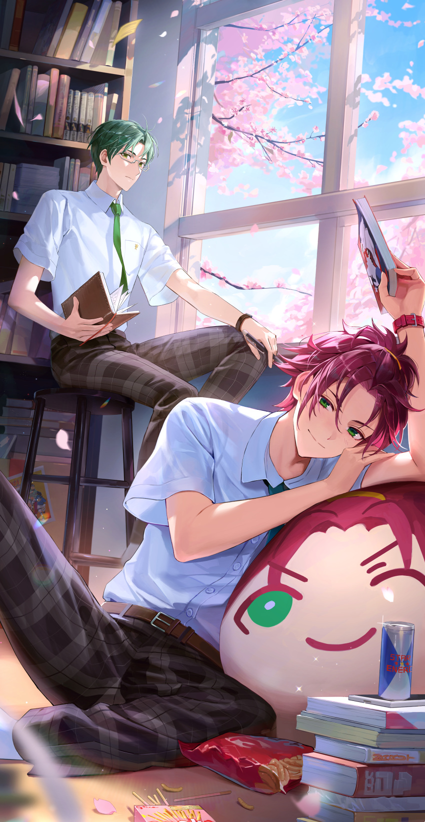 2boys absurdres aimitkkays arm_up bag bag_of_chips belt belt_buckle blue_necktie blue_sky blurry blurry_foreground book book_stack bookmark bookshelf branch breast_pocket brown_belt buckle buttons can cellphone character_doll cherry_blossoms closed_mouth collared_shirt commentary_request day energy_drink ensemble_stars! expressionless falling_petals food glasses glint green_eyes green_hair green_necktie grey_pants hasumi_keito hexagonal_eyewear highres holding holding_book indoors isara_mao knee_up light_particles looking_at_viewer male_focus multiple_boys necktie on_floor on_stool open_book pants parted_bangs petals phone plaid plaid_pants pocket pocky red_hair school_uniform shirt shirt_tucked_in short_hair short_sleeves sidelocks sitting sky smartphone smile split_mouth stool strawberry_pocky tree watch white_shirt window wing_collar wristwatch