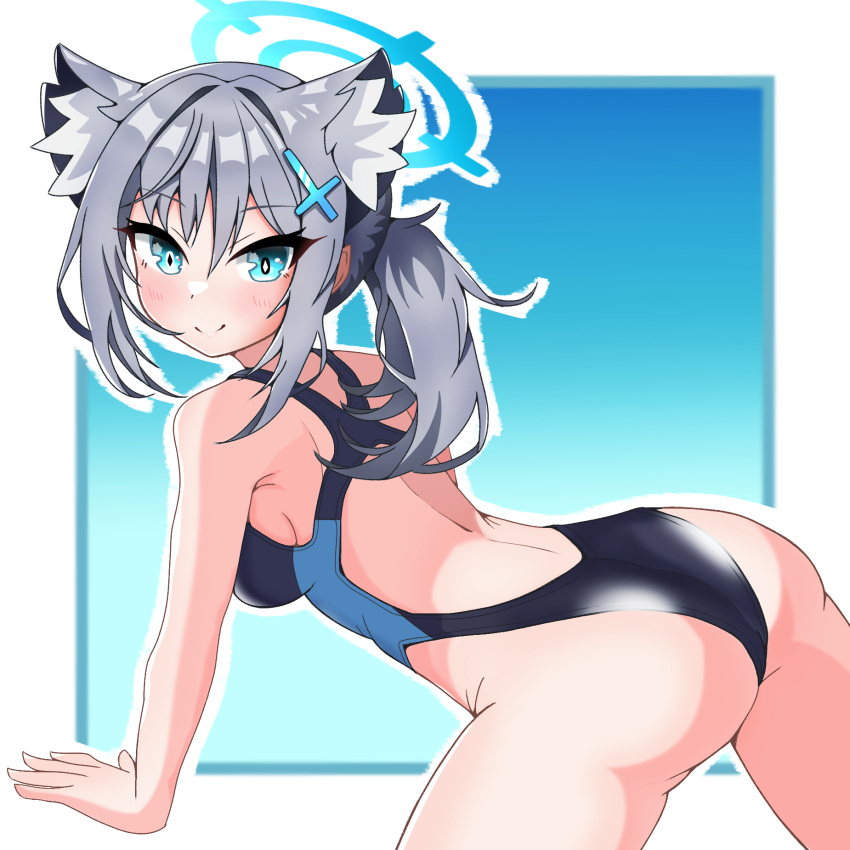 1girl all_fours animal_ear_fluff animal_ears black_one-piece_swimsuit blue_archive blue_eyes breasts competition_swimsuit cross_hair_ornament extra_ears grey_hair hair_ornament halo highres low_ponytail medium_breasts medium_hair mismatched_pupils multicolored_clothes multicolored_swimsuit official_alternate_costume one-piece_swimsuit shiroko_(blue_archive) shiroko_(swimsuit)_(blue_archive) smile solo swallow_leftyp swimsuit wolf_ears