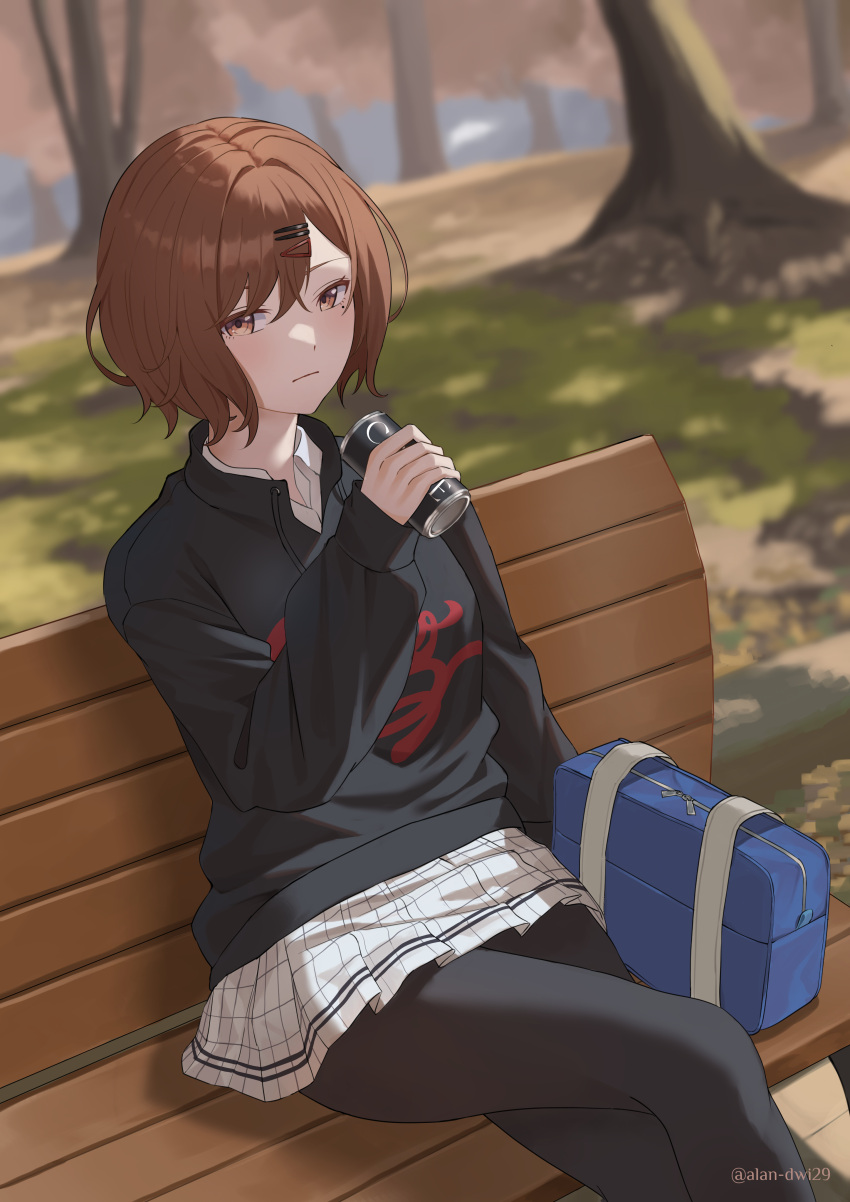 1girl absurdres bag bench black_pantyhose black_shirt blush brown_hair can canned_coffee dscreation_(alan_dwi29) feet_out_of_frame highres higuchi_madoka holding holding_can idolmaster idolmaster_shiny_colors looking_at_viewer on_bench outdoors pantyhose park park_bench plaid plaid_skirt pleated_skirt school_bag school_uniform shirt short_hair sitting skirt solo