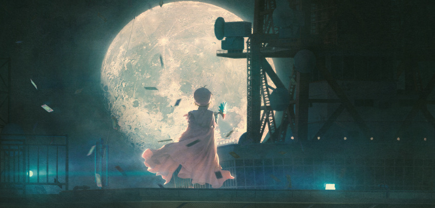 1girl absurdres beret capelet cardcaptor_sakura dress fence from_behind full_moon hat highres huge_moon kinomoto_sakura moon night on_roof pink_dress rooftop satellite_dish scenery sennikilo sky solo tokyo_tower white_capelet