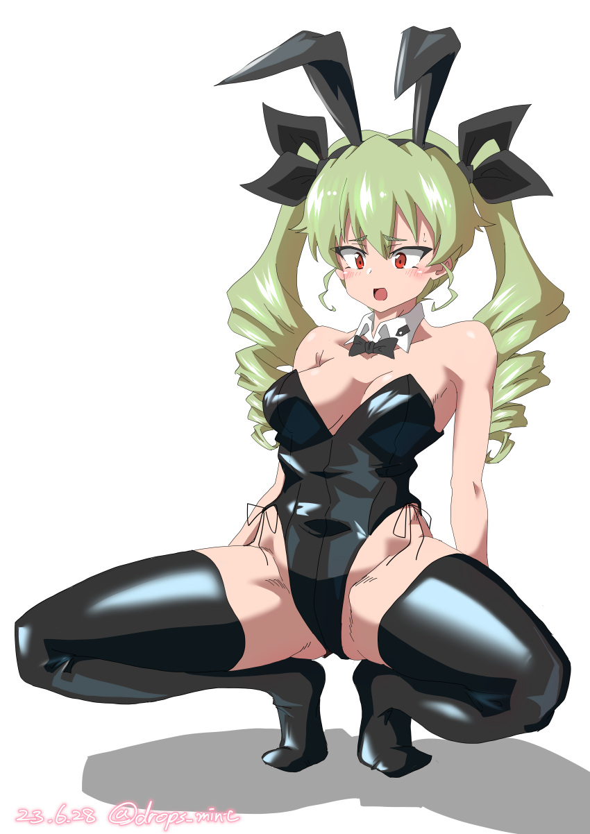 1girl absurdres anchovy_(girls_und_panzer) animal_ears black_bow black_bowtie black_leotard black_ribbon black_thighhighs bow bowtie breasts collar commentary_request dated detached_collar drill_hair drops_mint fake_animal_ears frown girls_und_panzer green_hair hair_ribbon highleg highleg_leotard highres leotard long_hair medium_breasts open_mouth partial_commentary playboy_bunny red_eyes ribbon shadow side-tie_leotard simple_background solo squatting strapless strapless_leotard sweatdrop thighhighs twin_drills twintails twitter_username white_background white_collar wing_collar wrist_cuffs