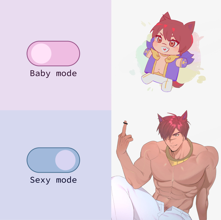 1boy abs absurdres animal_ears baby_mode_sexy_mode_(meme) bar_censor bara blush censored chibi english_text highres large_pectorals league_of_legends male_focus meme middle_finger muscular muscular_male navel open_clothes open_mouth open_vest pants pectorals purple_vest red_hair scar scar_on_face scar_on_nose sett_(league_of_legends) short_hair smile topless_male vest white_pants xingdrdr