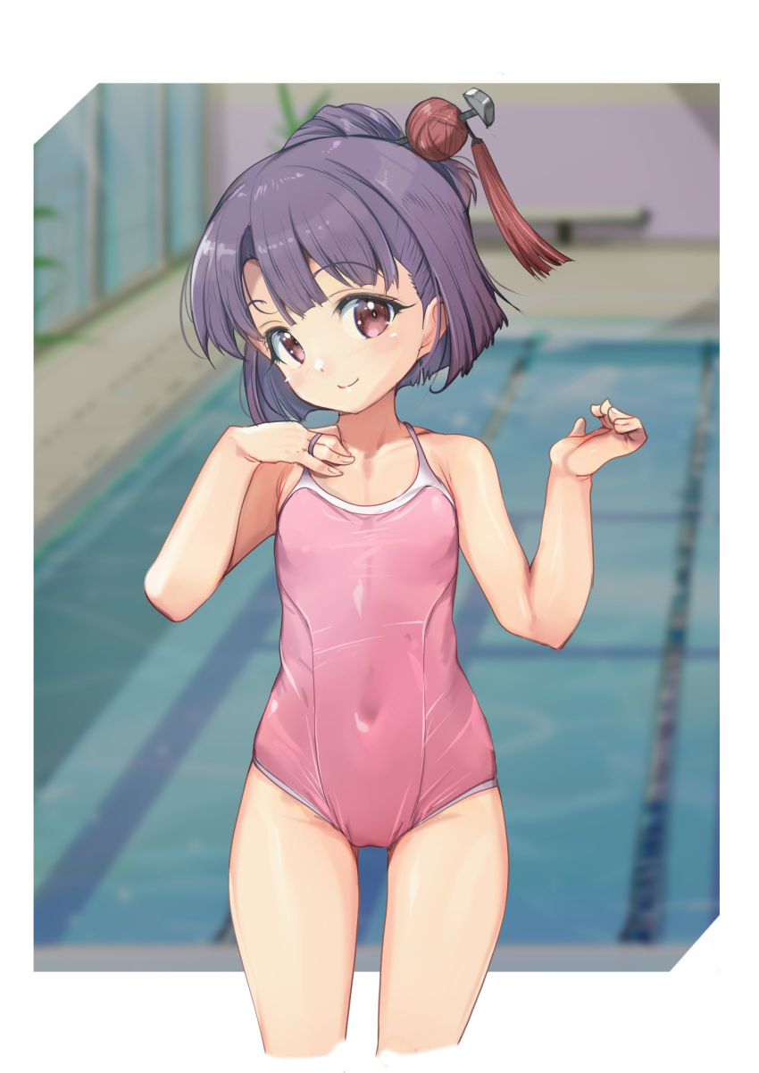 1girl alice_gear_aegis bikini blunt_bangs blurry blurry_background breasts collarbone commentary_request competition_school_swimsuit covered_navel flat_chest hair_bun hand_on_own_chest highres indoors lowleg lowleg_bikini mikuraza_azuki navel one-piece_swimsuit pink_one-piece_swimsuit pool purple_eyes purple_hair school_swimsuit short_hair solo standing swimsuit yashin_(yasinz)