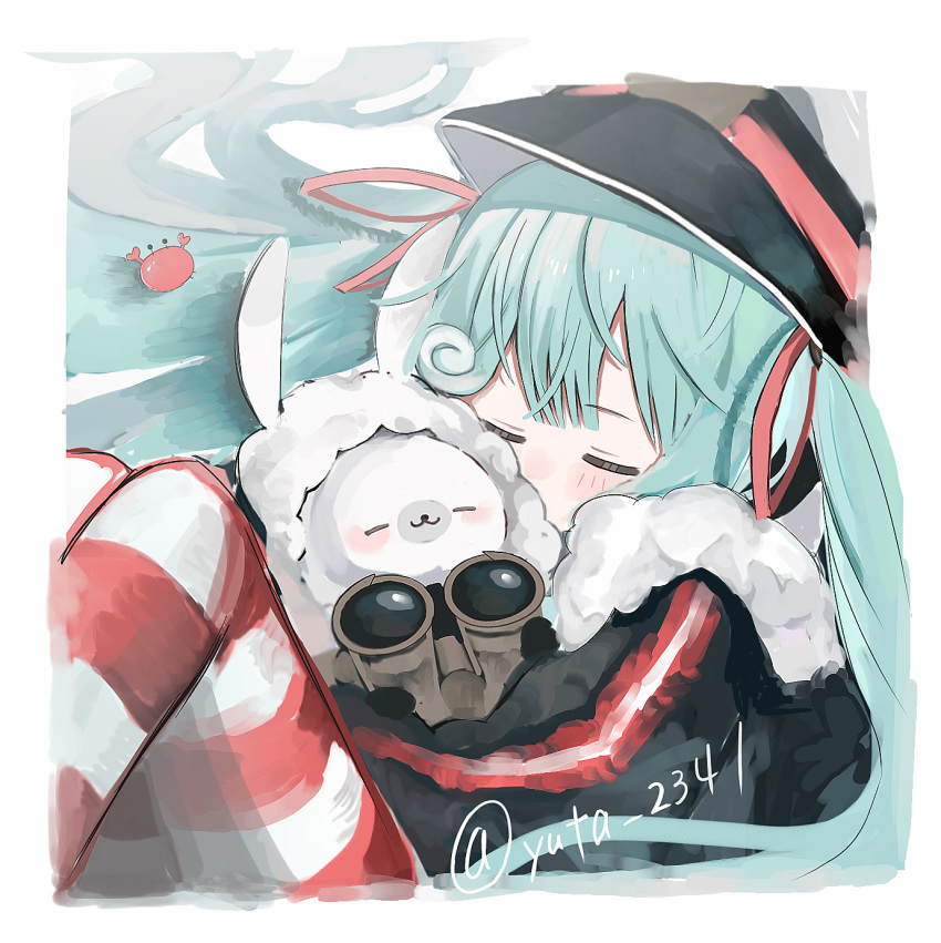 1girl 1other :3 animal animal_hug binoculars black_coat black_gloves blush_stickers closed_eyes coat commentary crab curled_up fur-trimmed_coat fur-trimmed_hood fur_trim gloves hair_ribbon hat hatsune_miku highres hood hood_up knees_up long_hair military_uniform naval_uniform peaked_cap rabbit rabbit_yukine red_ribbon red_thighhighs ribbon smile striped striped_thighhighs thighhighs twintails twitter_username uniform very_long_hair vocaloid wavy_hair white_thighhighs yuki_miku yuki_miku_(2022) yuta_2341