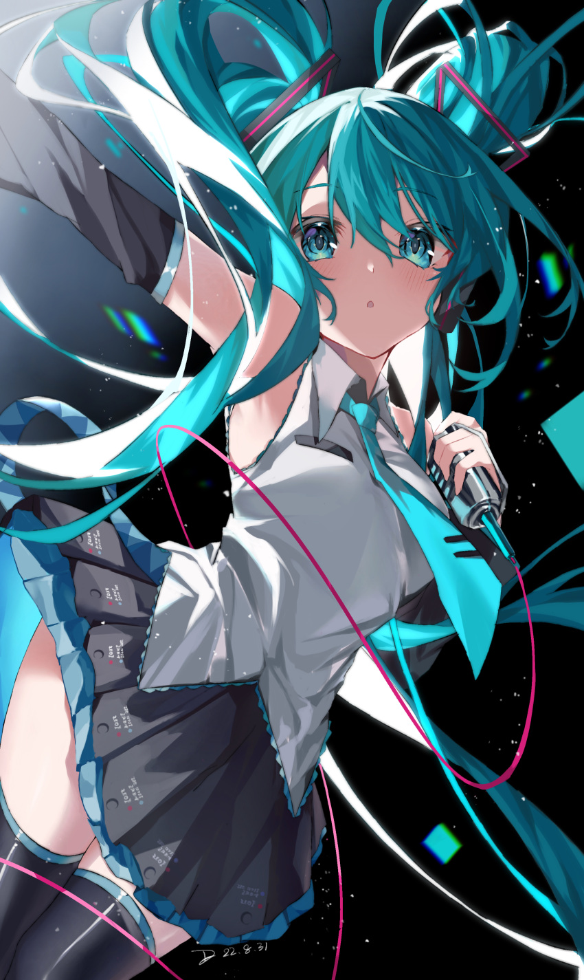 1girl absurdres black_background black_skirt black_sleeves black_thighhighs blue_eyes blue_hair blue_necktie collared_shirt detached_sleeves floating_hair grey_shirt hair_between_eyes hair_ornament hatsune_miku highres holding holding_microphone layered_skirt long_hair long_sleeves longchuan microphone miniskirt necktie open_mouth pleated_skirt shirt skirt sleeveless sleeveless_shirt solo thighhighs twintails very_long_hair vocaloid wing_collar zettai_ryouiki