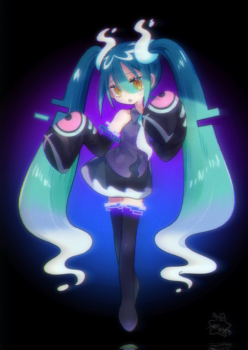 1girl black_thighhighs detached_sleeves ghost ghost_miku_(project_voltage) glitch grey_shirt hair_between_eyes hatsune_miku highres long_hair looking_at_viewer necktie open_mouth pokemon project_voltage see-through see-through_skirt shirt skirt sleeves_past_fingers sleeves_past_wrists suguharu86 thighhighs twintails very_long_hair vocaloid will-o'-the-wisp_(mythology) yellow_eyes