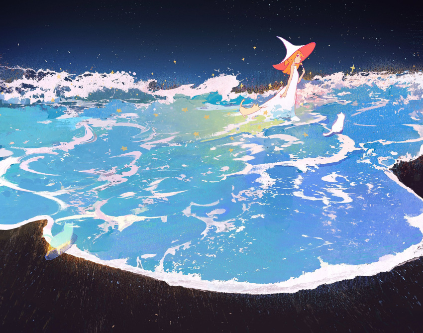 1girl cat commentary dress english_commentary foaming_waves hat highres holding holding_wand long_dress mengxuanliart original red_hair sky star_(sky) starry_sky wand water waves white_cat white_dress white_headwear witch_hat