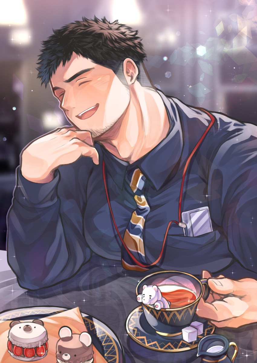 1boy absurdres animal-themed_food bara between_pectorals black_hair blush cake collared_shirt cup facial_hair food food_art fruit goatee goatee_stubble highres id_card in_container in_cup laughing limp_wrist long_sideburns male_focus mature_male multicolored_necktie necktie necktie_between_pectorals original osu(statatatatatata) pectorals plump plump_salaryman_(osu) salaryman shirt short_hair sideburns sideburns_stubble smile solo sparkling_aura strawberry striped_necktie stubble sugar_cube sunlight tea teacup thick_eyebrows