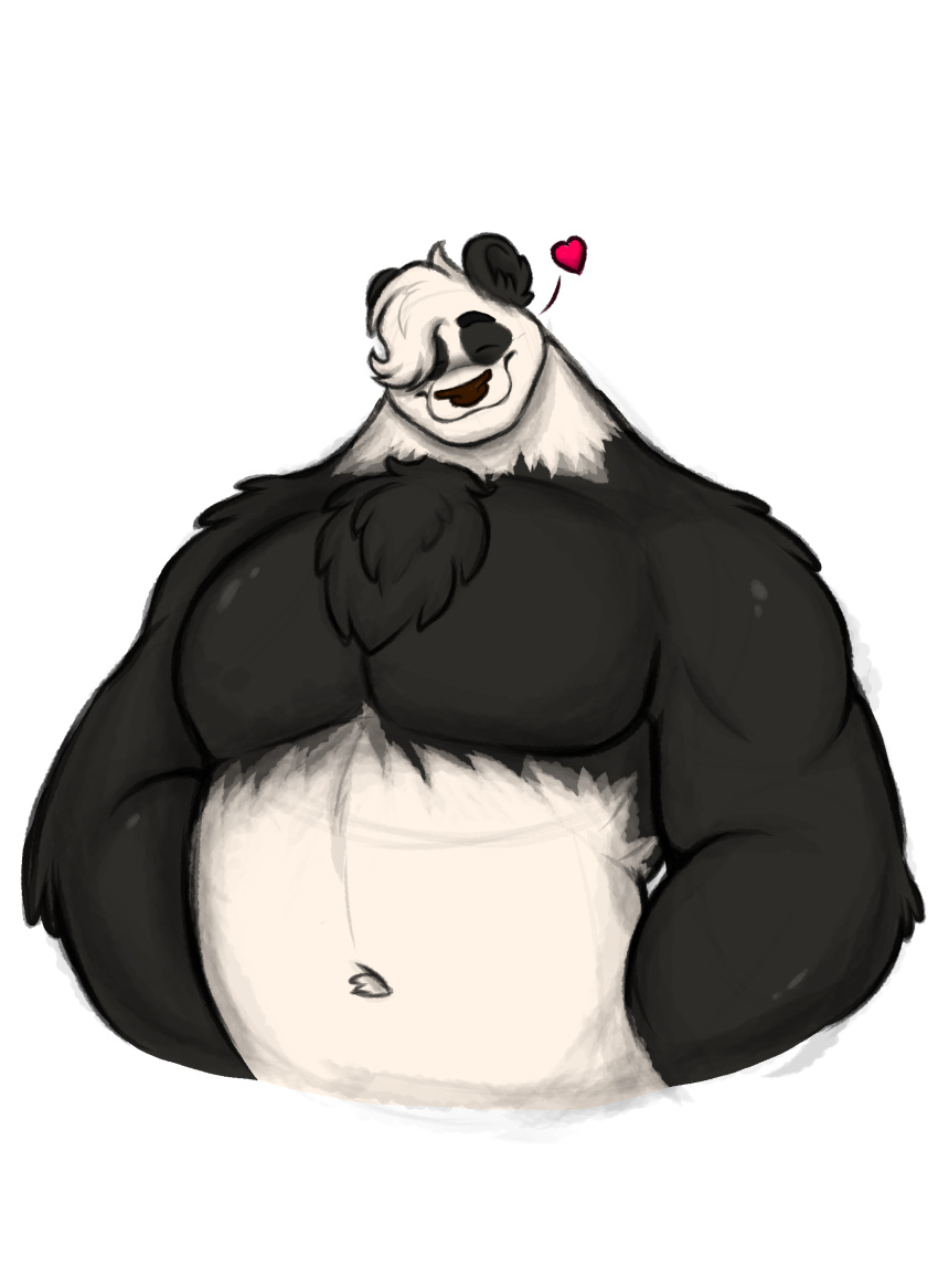 &lt;3 anthro bear body_hair cheek_tuft chest_hair chest_tuft diggydog eyes_closed facial_tuft fur giant_panda hi_res lucas_(diggydog) male mammal multicolored_body multicolored_fur musclegut muscular muscular_anthro muscular_male navel simple_background smile solo tuft two_tone_body two_tone_fur