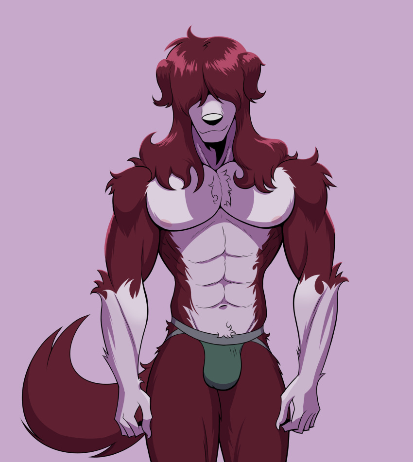 absurd_res anthro canid canine canis chase_(outtabellets) clothing domestic_dog hair hair_over_eye hi_res jockstrap looking_at_viewer male mammal muscular muscular_male one_eye_obstructed outtabellets solo underwear