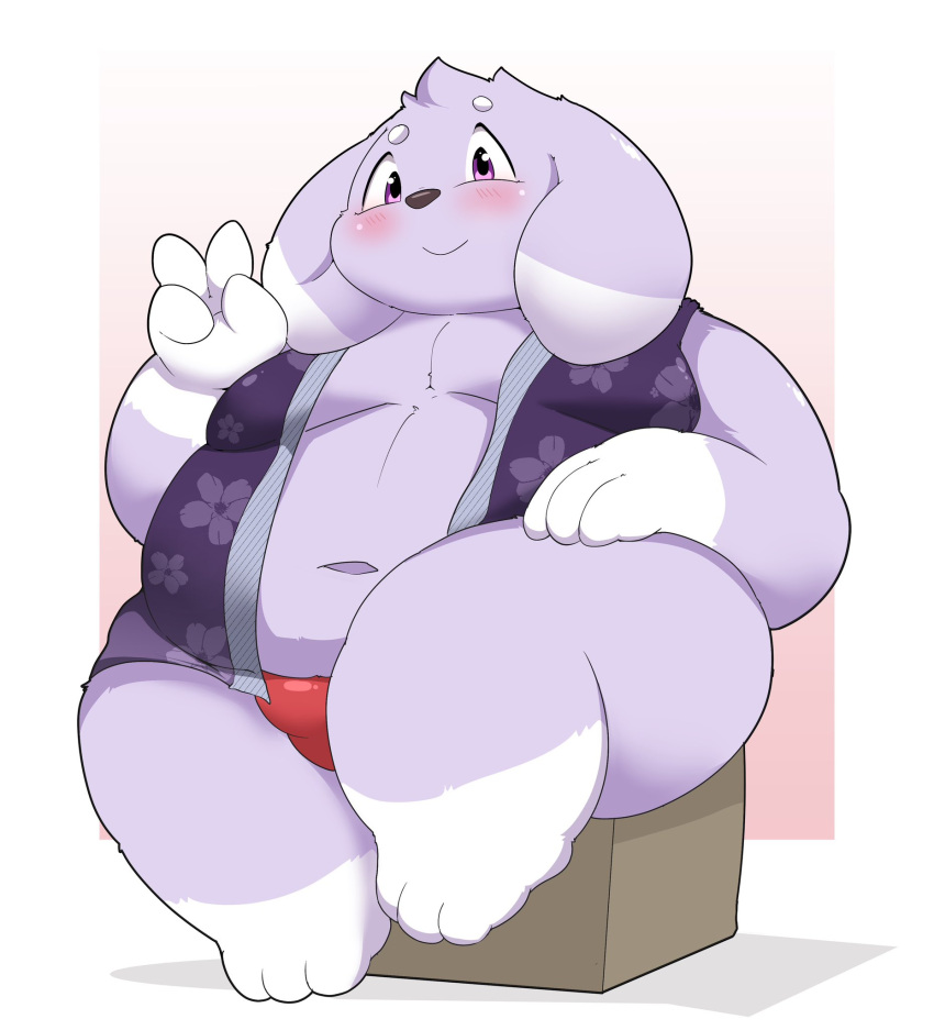 2023 anthro belly big_belly blush clothing hi_res kemono kusosensei lagomorph leporid male mammal moobs navel overweight overweight_male rabbit red_clothing red_underwear sitting solo tokki underwear