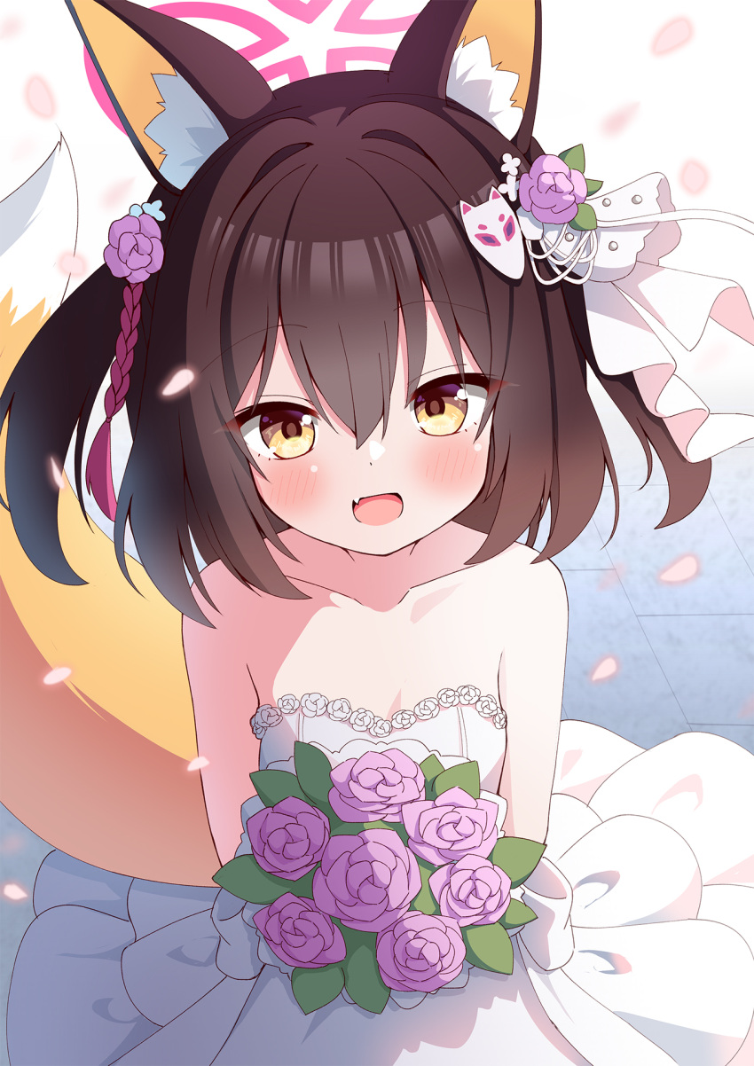 1girl animal_ear_fluff animal_ears azel_(laevateinn495) blue_archive blush bouquet brown_hair dress fang flower fox_ears fox_tail hair_between_eyes halo highres holding holding_bouquet izuna_(blue_archive) looking_at_viewer open_mouth pink_flower pink_halo short_hair smile solo tail wedding_dress white_dress yellow_eyes