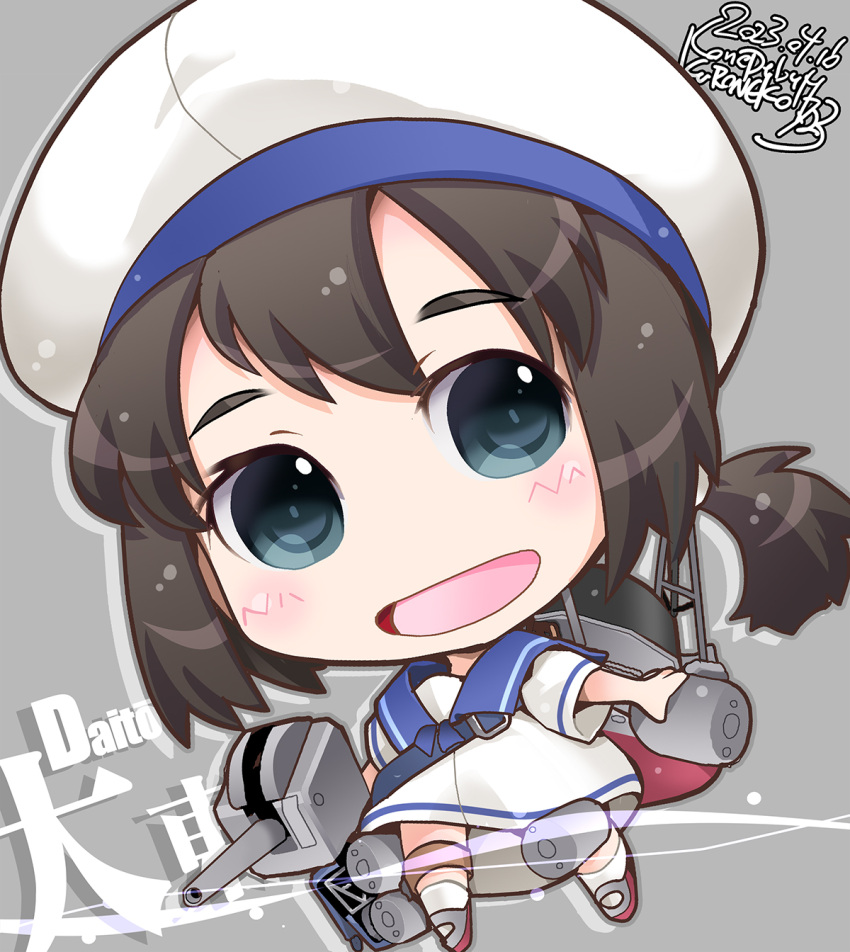 1girl adapted_turret black_hair blue_sailor_collar cannon character_name chibi daitou_(kancolle) depth_charge dress grey_eyes hat highres kantai_collection kuroneko_(kuroneko_works) low_ponytail rigging sailor_collar sailor_dress sailor_hat short_hair short_ponytail short_sleeves sidelocks solo white_dress white_headwear