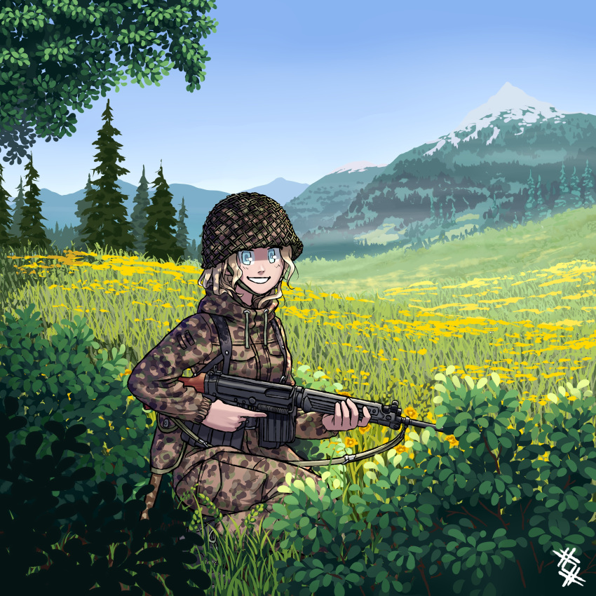 1girl absurdres austria battle_rifle blonde_hair blue_eyes camouflage camouflage_jacket camouflage_pants entrenching_tool fn_fal forest gun helmet highres holding holding_gun holding_weapon jacket load_bearing_equipment meadow military military_helmet military_uniform mountainous_horizon nature one_knee original ostwindprojekt outdoors pants rifle scenery signature sky sling_(weapon) trigger_discipline uniform weapon