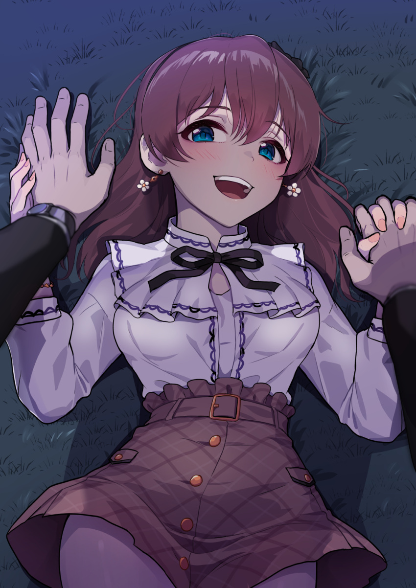 1boy 1girl belt_buckle blush brown_hair buckle center_frills frills grass hetero highres holding_hands idolmaster idolmaster_million_live! interlocked_fingers kamille_(vcx68) looking_at_viewer lying on_back on_ground pov pov_hands satake_minako shirt shirt_tucked_in skirt smile watch white_shirt wristwatch