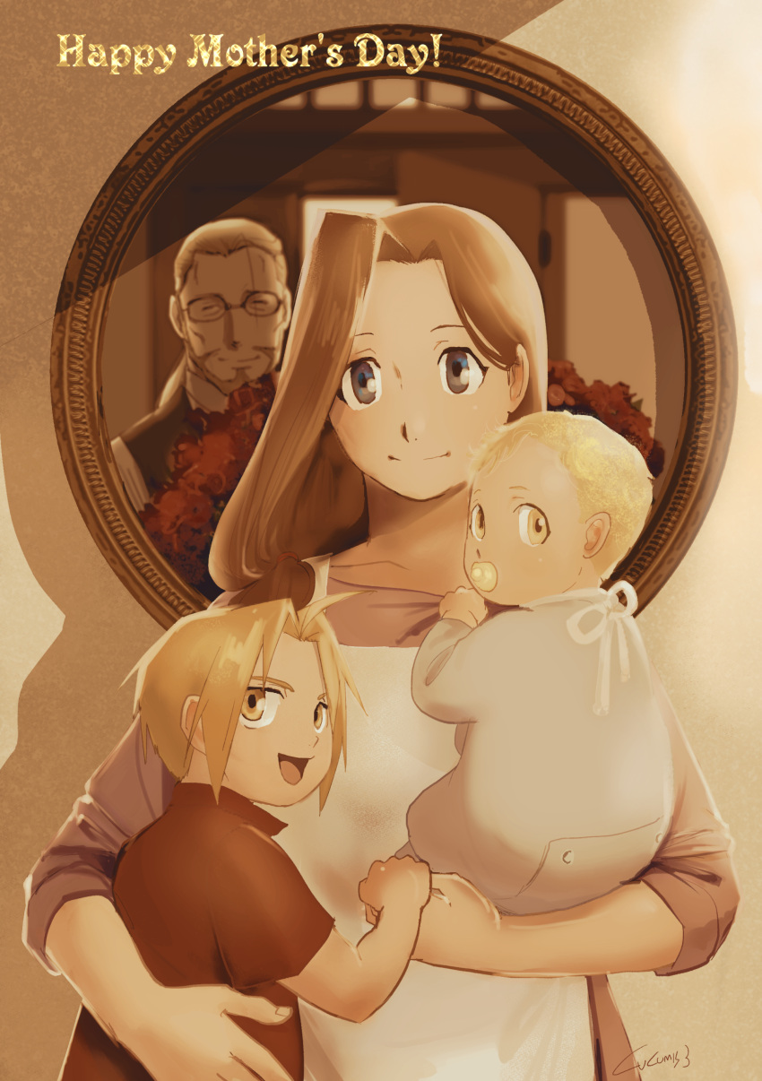 1girl 3boys alphonse_elric apron baby beard black_vest blonde_hair bouquet brothers brown_hair buttons cheekbones clenched_hand closed_eyes clothes_grab collarbone collared_shirt couple curly_hair door dress edward_elric english_text facial_hair facing_viewer family father_and_son fingernails flower fullmetal_alchemist glasses grey_eyes hair_behind_ear hair_over_shoulder hair_strand hair_tie hand_on_another's_back happy hetero highres holding holding_baby holding_bouquet holding_hands indoors long_sleeves looking_at_another looking_back mirror mother's_day mother_and_son multiple_boys onesie open_door pacifier purple_dress railing red_flower red_shirt reflection sepia shade shadow shirt short_sleeves siblings side_ponytail sidelighting sleeves_rolled_up smile swept_bangs tareme trisha_elric twitter_username urikurage van_hohenheim vest wall white_apron white_shirt yellow_eyes