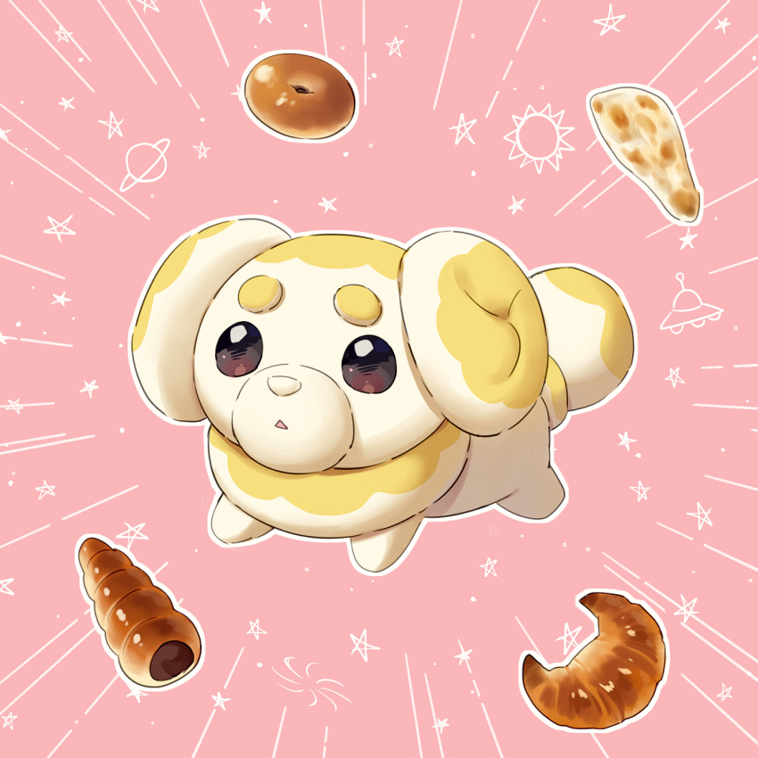 :o bagel bread brown_eyes commentary_request croissant emphasis_lines fidough food full_body highres kaminokefusa looking_at_viewer no_humans open_mouth outline pink_background planet pokemon pokemon_(creature) simple_background solo star_(symbol) sun_symbol triangle_mouth ufo white_outline