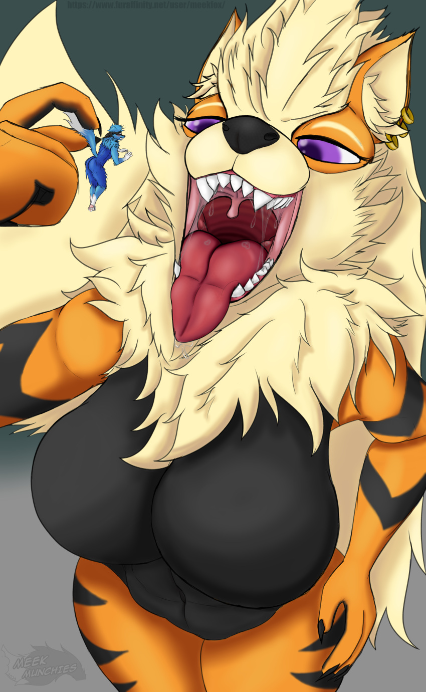 absurd_res anthro arcanine bodily_fluids breasts duo featureless_breasts female female_pred generation_1_pokemon hi_res hybrid imminent_vore macro male male/female male_prey meek_(meekmunchies) meekmunchies mouth_shot navel nintendo open_mouth pokemon pokemon_(species) saliva shaleh_(meekmunchies) teasing_prey teeth throat tongue unwilling_prey vore