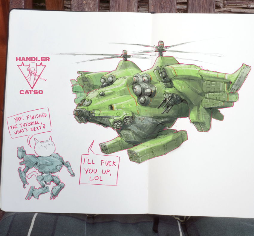 ^_^ absurdres aircraft armored_core armored_core_6 cable cat closed_eyes english_text helicopter highres mecha missile_pod patso_catso photo_(medium) profanity propeller robot speech_bubble traditional_media vehicle_focus white_background