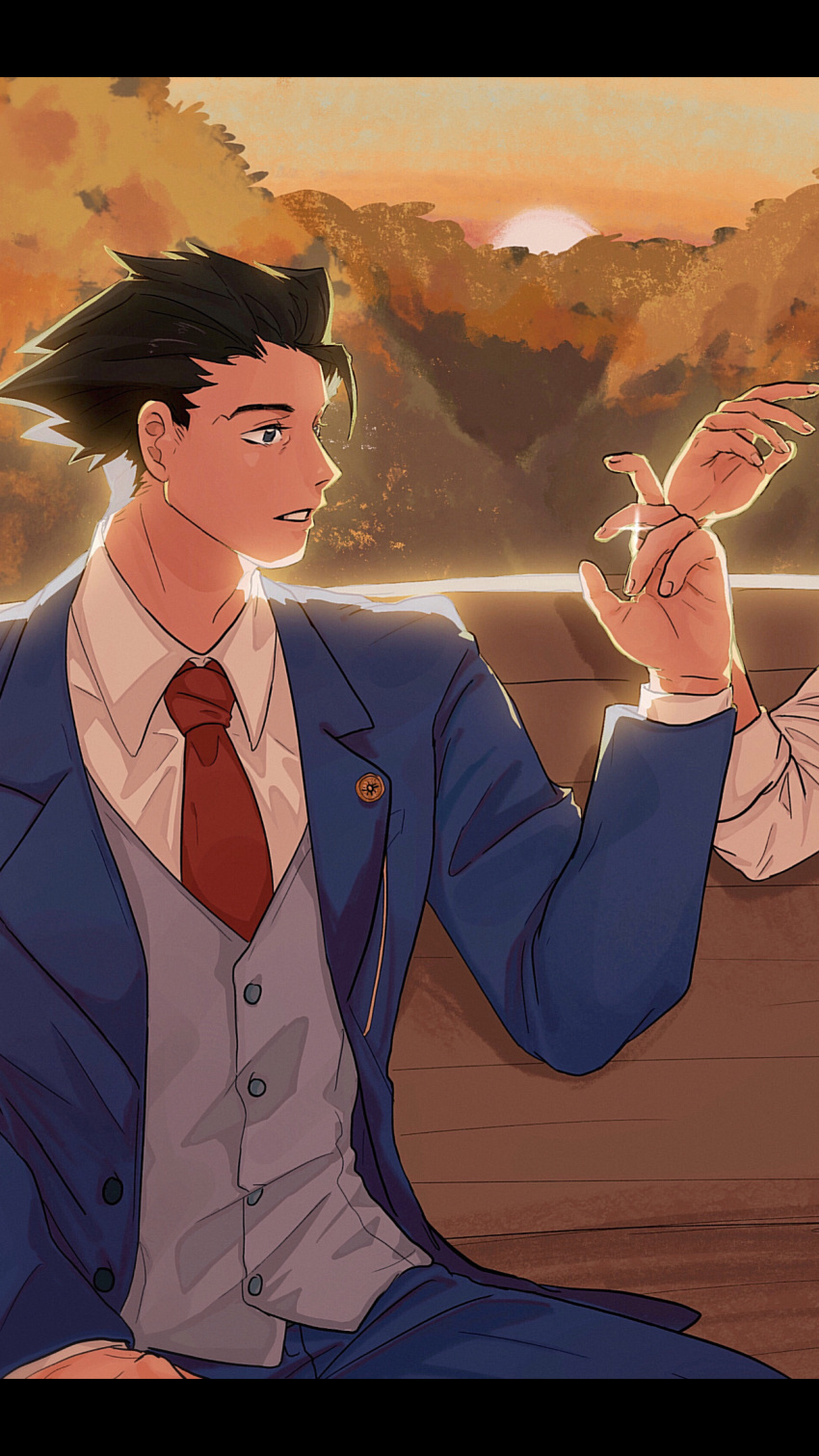 2boys ace_attorney apollo_justice arm_at_side autumn bench black_hair blue_eyes blue_jacket blue_pants blue_suit blue_vest buttons collared_shirt hand_up highres jacket lapel_chain lapel_pin layered_sleeves letterboxed long_sleeves looking_at_another male_focus marikmame multiple_boys necktie outdoors pants parted_lips phoenix_wright profile red_necktie shirt short_hair sitting solo_focus spiked_hair suit sunset three-piece_suit vest waistcoat white_shirt