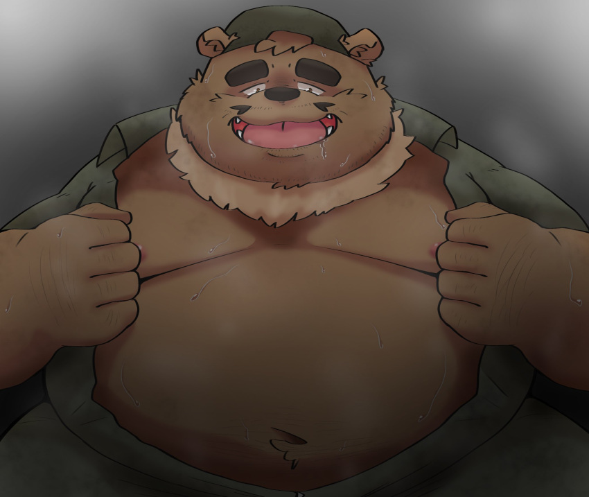 2023 anthro bear belly big_belly black_nose bodily_fluids brown_body clothing hat headgear headwear hi_res humanoid_hands kemono male mammal moobs musk navel nipples overweight overweight_male solo sweat yanununununu