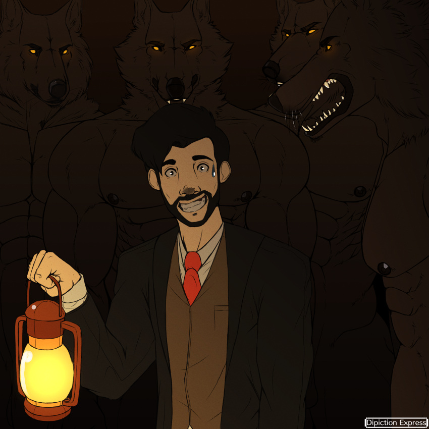 absurd_res anthro beard black_body black_fur black_hair black_nipples bodily_fluids canid canine canis clothing crowded dark_room depictionexpress dominant dominant_anthro facial_hair fur glowing glowing_eyes group growling hair hi_res holding_lantern human lamp lantern male male/male mammal muscular muscular_anthro muscular_male nervous_smile nipples not_furry_focus realization size_difference smaller_male staring_down suit surrounded sweat sweatdrop taller_predator vintage were werecanid werecanine werewolf yellow_eyes