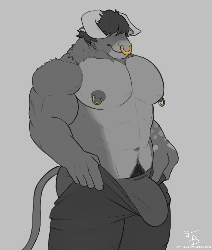 anthro big_pecs bottomwear bovid bovine bulge cattle clothing edgybambi facial_piercing greyscale hair hair_over_eyes hi_res horn male mammal meme monochrome muscular muscular_anthro muscular_male nipple_piercing nipple_ring nipples nose_piercing nose_ring pants pecs piercing pubes ring_piercing solo tight_pants_(meme) underwear