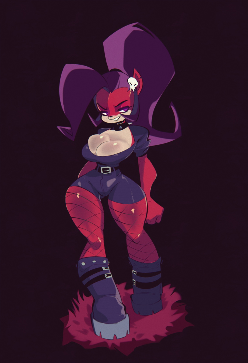 activision anthro big_breasts boots breasts cleavage clothed clothing crash_bandicoot_(series) evil_coco female fishnet footwear fur goth grin hair hi_res jdwalkrat purple_hair smile solo wide_hips