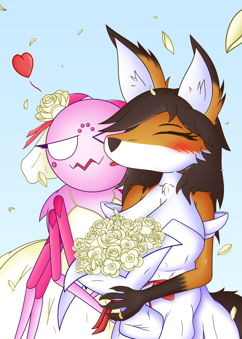 &lt;3 absurd_res anthro arachnid arthropod baku big_breasts blush breasts canid canine clothing digit_ring dress duo female female/female feral flower fox fur hair hi_res jewelry karie_(baku) kumoko licking long_hair male mammal multi_eye pink_body plant ring simple_background so_i'm_a_spider_so_what? spider tongue tongue_out wedding_dress wedding_ring