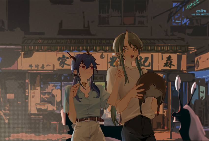 2girls :d arknights belt belt_buckle black_pants blue_hair blue_shirt blush brown_belt buckle casual ch'en_(arknights) chinese_commentary closed_mouth commentary_request dragon_horns fingernails food green_hair hair_between_eyes helmet highres holding holding_food holding_helmet horns hoshiguma_(arknights) long_hair looking_at_another motor_vehicle motorcycle multiple_girls oni_horns open_mouth outdoors pants red_eyes shirt short_sleeves sidelocks single_horn smile teeth ting_(machi_nakahara) upper_teeth_only white_pants white_shirt yellow_eyes