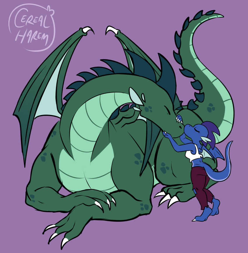 2022 3_toes absurd_res anthro blue_body blue_scales bottomwear brother brother_and_sister cerealharem_(artist) claws clothing dragon duo emerald_(ultilix) eyes_closed feet female feral finger_claws green_body green_hair green_scales hair head_grab hi_res larger_feral larger_male male membrane_(anatomy) membranous_wings muzzle_kiss nude pants purple_background purple_bottomwear purple_clothing purple_hair purple_pants ruby_(ultilix) scales scalie shirt sibling simple_background sister size_difference smaller_anthro smaller_female tank_top thick_thighs toe_claws toes topwear torn_bottomwear torn_clothing torn_pants western_dragon white_claws white_clothing white_shirt white_tank_top white_topwear wing_claws wings