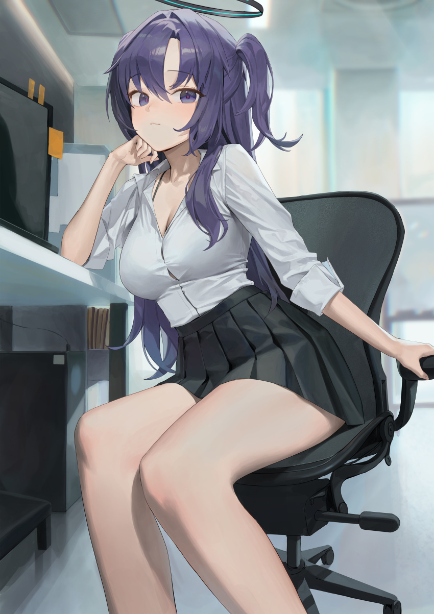 1girl absurdres black_skirt blue_archive bra_strap breasts button_gap chair cheek_rest cleavage closed_mouth collared_shirt feet_out_of_frame hair_between_eyes halo hand_up highres indoors long_hair long_sleeves looking_at_viewer mechanical_halo medium_breasts miniskirt monitor office_chair pleated_skirt purple_eyes purple_hair shirt shirt_tucked_in sitting skirt sleeves_rolled_up solo spaghetti_strap swivel_chair thighs two_side_up white_shirt xi_xeong yuuka_(blue_archive)