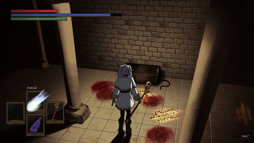1girl black_pants blood blood_on_ground blood_splatter boots capelet crossover dark_souls_(series) english_commentary frieren gameplay_mechanics grey_hair health_bar highres holding holding_staff indoors long_hair long_sleeves message_(from_software) mimic_(dark_souls) pants pillar pointy_ears reze_(rewindze) sousou_no_frieren staff standing stone_wall treasure_chest twintails wall white_capelet