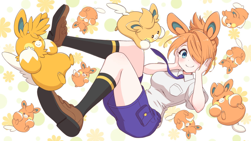 1girl black_socks blue_eyes blush breasts brown_footwear closed_mouth collared_shirt commentary_request commission dot_nose floating hair_over_one_eye hands_on_own_face highres juliana_(pokemon) looking_at_viewer medium_breasts necktie orange_hair pawmi pawmo pawmot pokemon pokemon_(creature) pokemon_(game) pokemon_sv purple_necktie purple_shorts risapaso school_uniform shirt shoes short_sleeves shorts skeb_commission smile socks uva_academy_school_uniform white_shirt