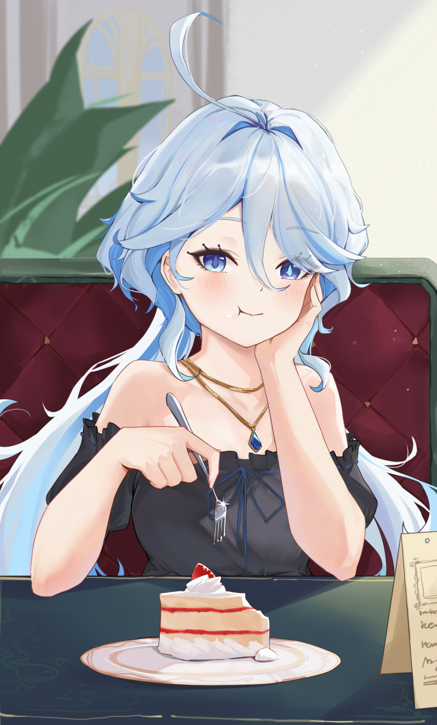 1girl :t absurdres ahoge alternate_costume bare_shoulders black_shirt blue_eyes blue_hair cake commentary food furina_(genshin_impact) genshin_impact hand_up highres indoors jewelry long_hair looking_at_viewer ni_de_pengyou no_headwear off-shoulder_shirt off_shoulder pendant shirt short_sleeves smile solo symbol-only_commentary upper_body very_long_hair