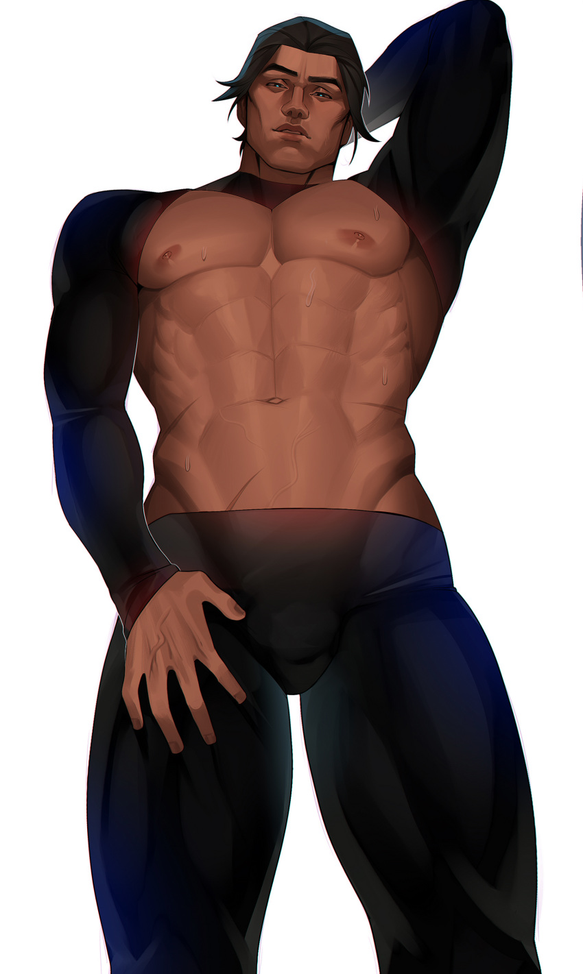1boy abs absurdres bara blue_eyes cheekbones dark-skinned_male dark_skin detached_sleeves groin highres large_pectorals looking_at_viewer looking_down male_chest male_focus marvel mature_male miguel_o'hara muscular muscular_male pants pectorals pov scar short_hair shrug_(clothing) sofit solo spider-man:_across_the_spider-verse spider-man_(series) spider-verse sweat tight_clothes tight_pants