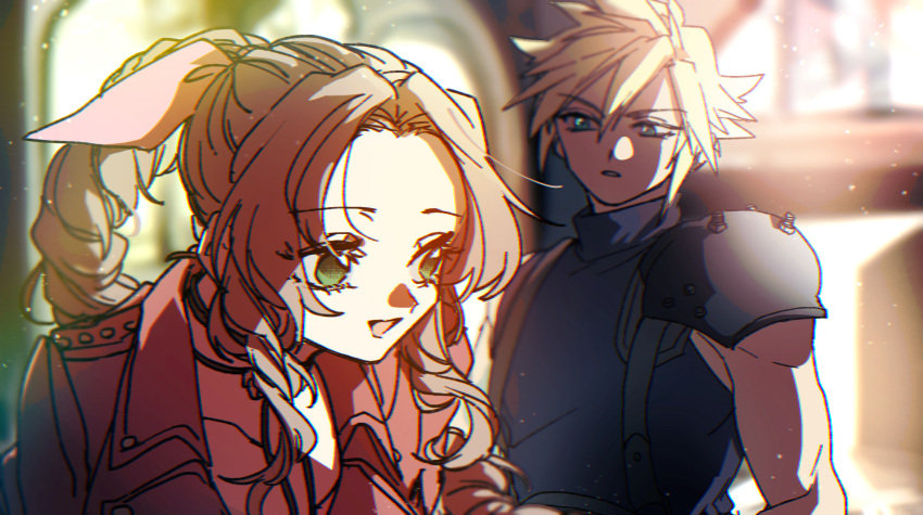 1boy 1girl aerith_gainsborough aqua_eyes armor blonde_hair blue_shirt blurry blurry_background braid braided_ponytail brown_hair choker church cloud_strife final_fantasy final_fantasy_vii final_fantasy_vii_remake flower_choker green_eyes hair_between_eyes hair_ribbon highres indoors jacket long_hair looking_at_another mi_cha_iru open_mouth parted_bangs parted_lips pink_ribbon red_jacket ribbon shirt short_hair shoulder_armor sidelocks single_bare_shoulder single_braid sleeveless sleeveless_turtleneck smile spiked_hair suspenders talking turtleneck upper_body wavy_hair