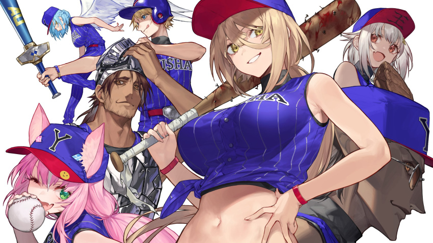 3boys 4girls angel_wings animal_ears baseball_(object) baseball_bat baseball_cap baseball_helmet belmond_banderas blonde_hair blood blue_eyes blue_hair blue_headwear blush breasts brown_eyes brown_hair cat_ears cat_girl character_request crop_top ex_albio fang green_eyes grey-framed_eyewear grey_hair grin gwelu_os_gar hat hayama_marin helmet highres holding holding_baseball_bat large_breasts long_hair moira_(nijisanji) multiple_boys multiple_girls nail nail_bat navel nijisanji noy nui_sociere open_mouth parted_lips pink_hair short_hair skin_fang smile sunglasses teeth virtual_youtuber wings wristband yellow_eyes