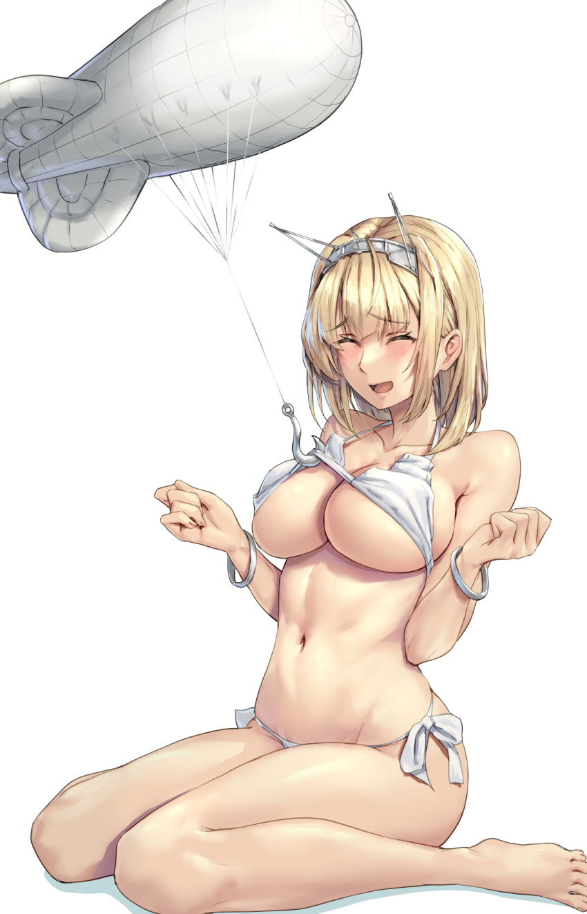 1girl bare_arms bare_legs bare_shoulders barefoot bikini blonde_hair blush breasts closed_eyes headgear highres kantai_collection kokuzou large_breasts navel open_mouth rodney_(kancolle) short_hair simple_background solo swimsuit white_background white_bikini