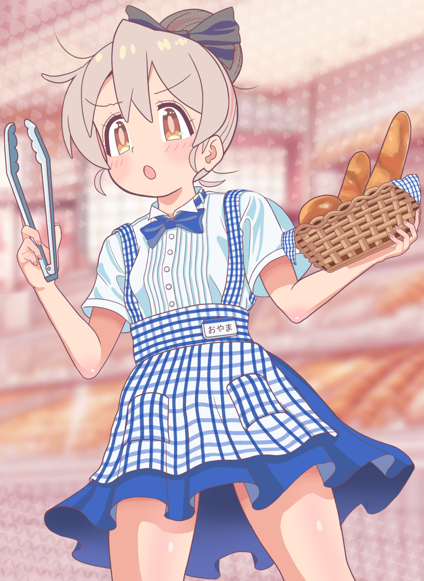 1girl absurdres basket blue_bow blue_bowtie blurry blurry_background blush bow bowtie bread commentary_request food highres holding holding_tongs kobeya kobeya_uniform onii-chan_wa_oshimai! orange_eyes oyama_mahiro pink_hair shirt tongs tsurasugu white_shirt