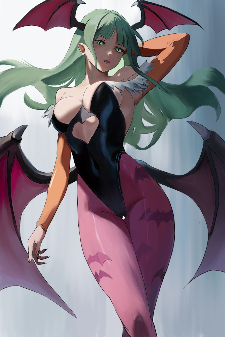 1girl animal_print armpits bat_print black_leotard breasts cleavage clothing_cutout covered_navel demon_girl detached_sleeves floating_hair green_eyes green_hair head_wings heart_cutout highres hyakka_(momokashinryu14) large_breasts leotard long_hair long_sleeves morrigan_aensland orange_sleeves pantyhose pink_pantyhose print_pantyhose red_wings sideboob slit_pupils solo standing straight_hair strapless strapless_leotard thigh_gap vampire_(game) wings