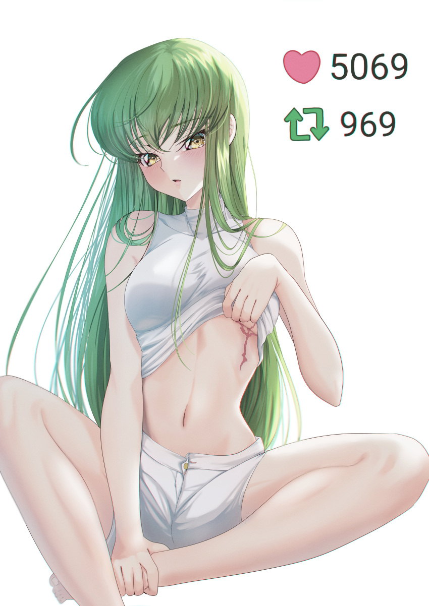 1girl absurdres backlighting bare_arms between_legs blush breasts budgiepon c.c. code_geass commentary_request crossed_bangs english_commentary eyelashes foot_out_of_frame green_hair hair_between_eyes hair_over_shoulder hand_between_legs head_tilt highres holding_own_foot indian_style lips long_hair looking_at_viewer medium_breasts meme midriff navel parted_lips scar scar_on_breasts shirt shorts simple_background sitting sleeveless sleeveless_shirt solo stomach straight_hair twitter_strip_game_(meme) undressing very_long_hair white_background white_shirt white_shorts yellow_eyes