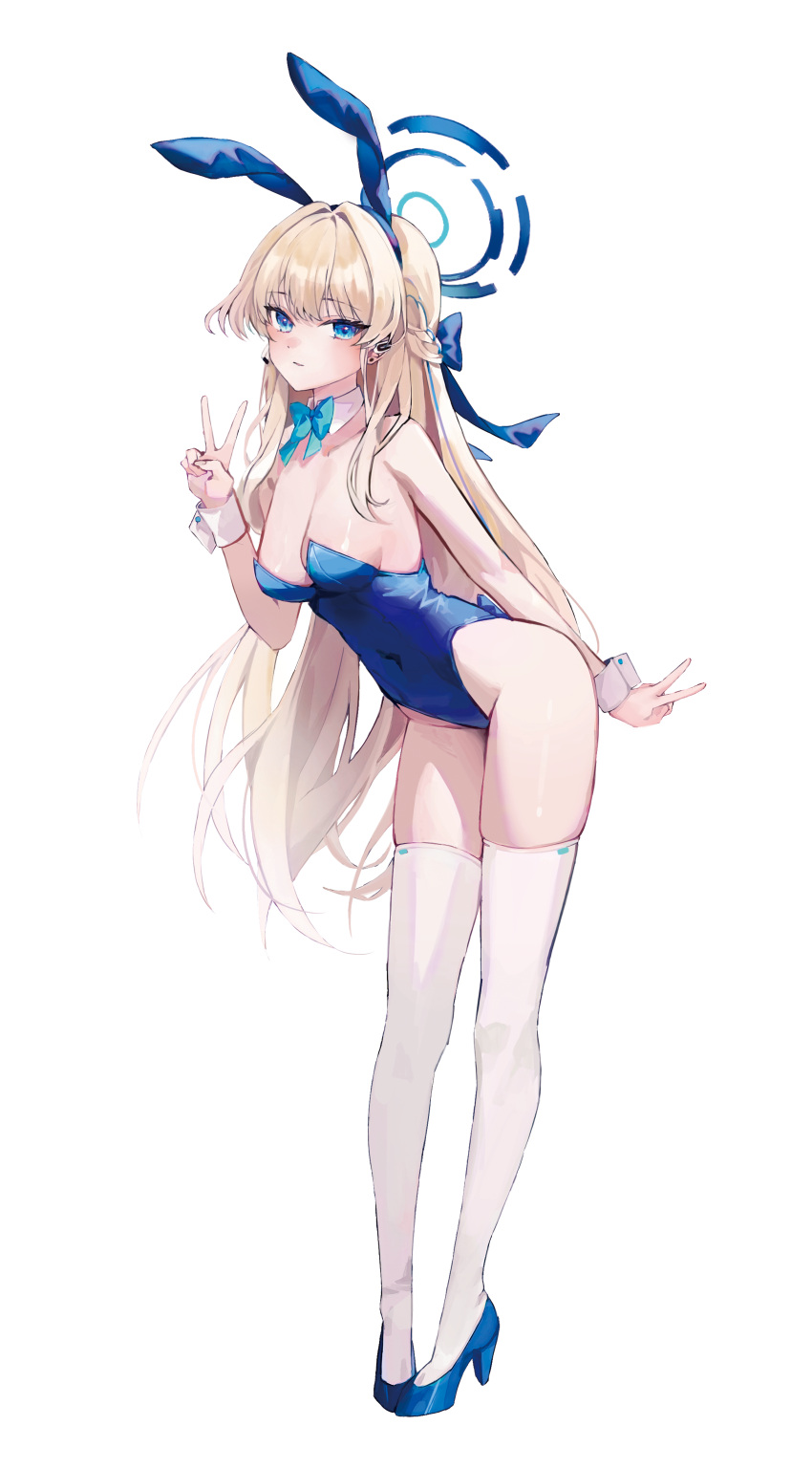 1girl absurdres animal_ears blonde_hair blue_archive blue_bow blue_bowtie blue_eyes blue_footwear blue_hair blue_halo blue_leotard blush bow bowtie braid breasts detached_collar double_v fake_animal_ears full_body halo high_heels highres leotard long_hair looking_at_viewer medium_breasts multicolored_hair official_alternate_costume rabbit_ears ri_yonn simple_background solo strapless strapless_leotard streaked_hair thighhighs toki_(blue_archive) toki_(bunny)_(blue_archive) v white_background white_thighhighs wrist_cuffs