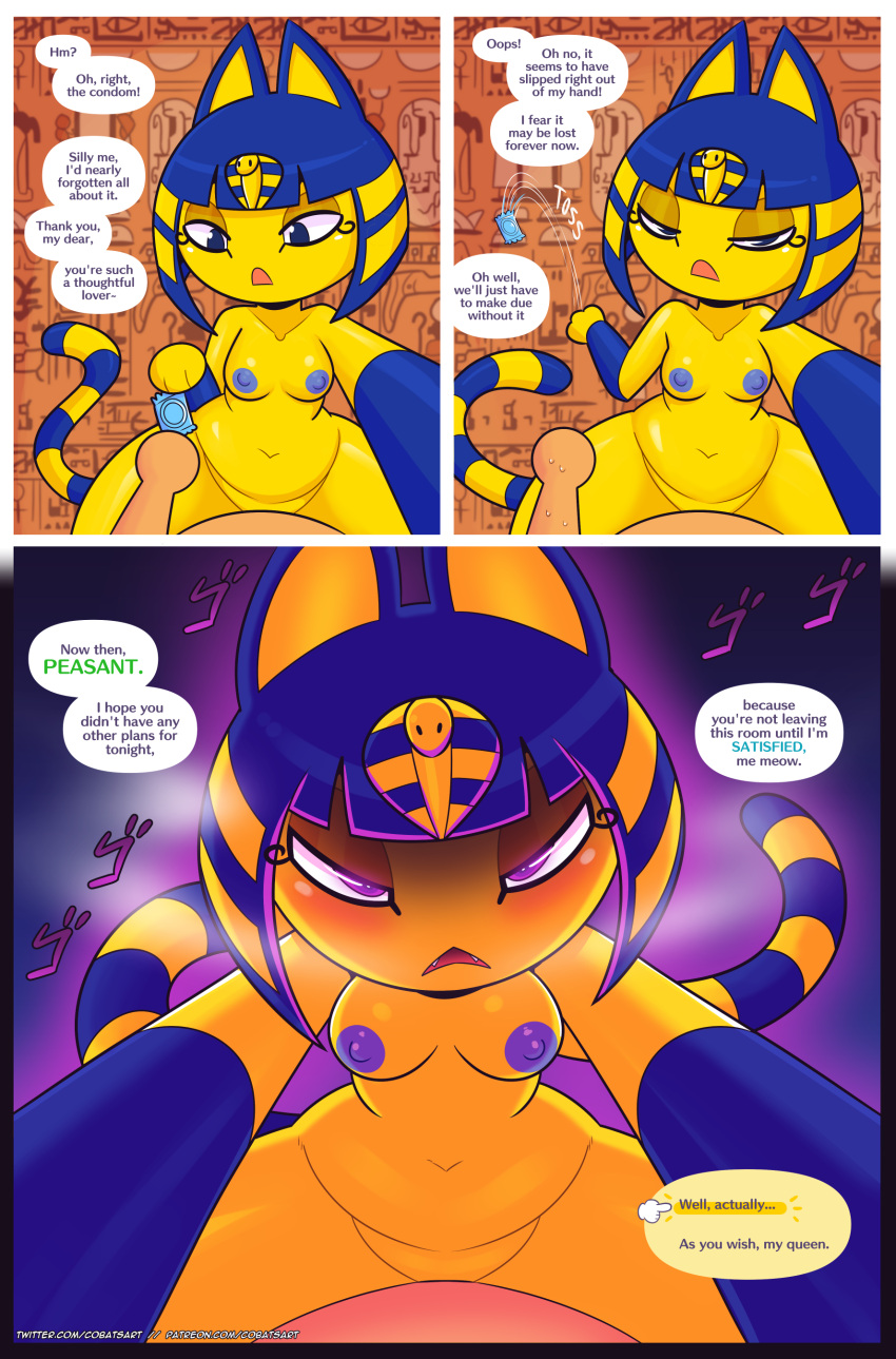 absurd_res animal_crossing ankha_(animal_crossing) anthro blue_hair cobatsart comic condom domestic_cat english_text felid feline felis female female_on_top hair hi_res male male/female mammal nintendo on_top sexual_barrier_device text