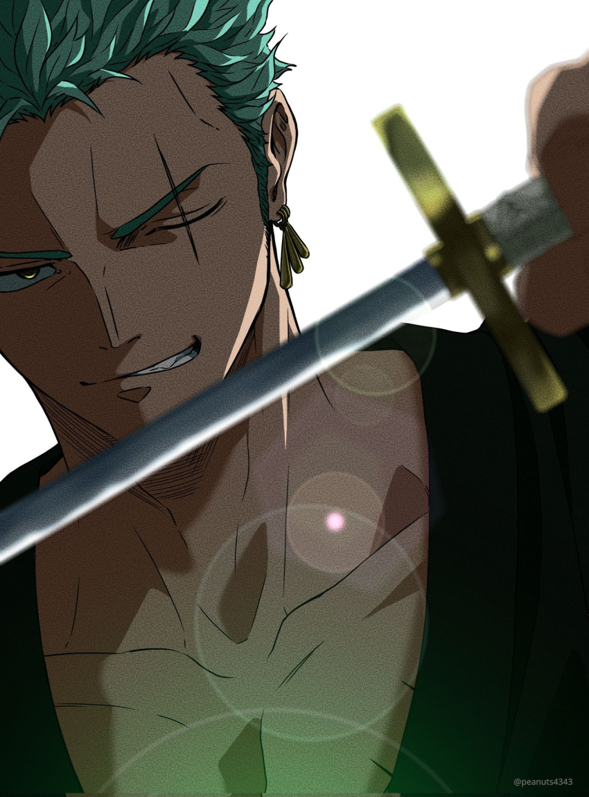 1boy black_kimono collarbone green_hair highres japanese_clothes kimono lens_flare male_focus one_piece pectoral_cleavage pectorals pinattsu portrait roronoa_zoro scar scar_across_eye short_hair smirk solo sword_in_front_of_face v-shaped_eyebrows