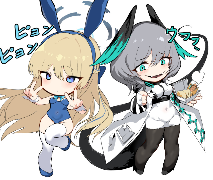 2girls animal_ears arknights blonde_hair blue_archive blue_eyes bow breasts chibi coat commentary_request double_v expressionless fake_animal_ears fangs fingerless_gloves food fork gloves grey_hair hair_between_eyes hairband halo head_wings high_heels highres ho'olheyak_(arknights) holding holding_fork hot_dog kinbakuman large_breasts long_hair long_sleeves medium_breasts multiple_girls navel open_mouth pantyhose playboy_bunny rabbit_ears skindentation slit_pupils smile tail takeout_container thighhighs toki_(blue_archive) toki_(bunny)_(blue_archive) translation_request v white_coat wings wrist_cuffs