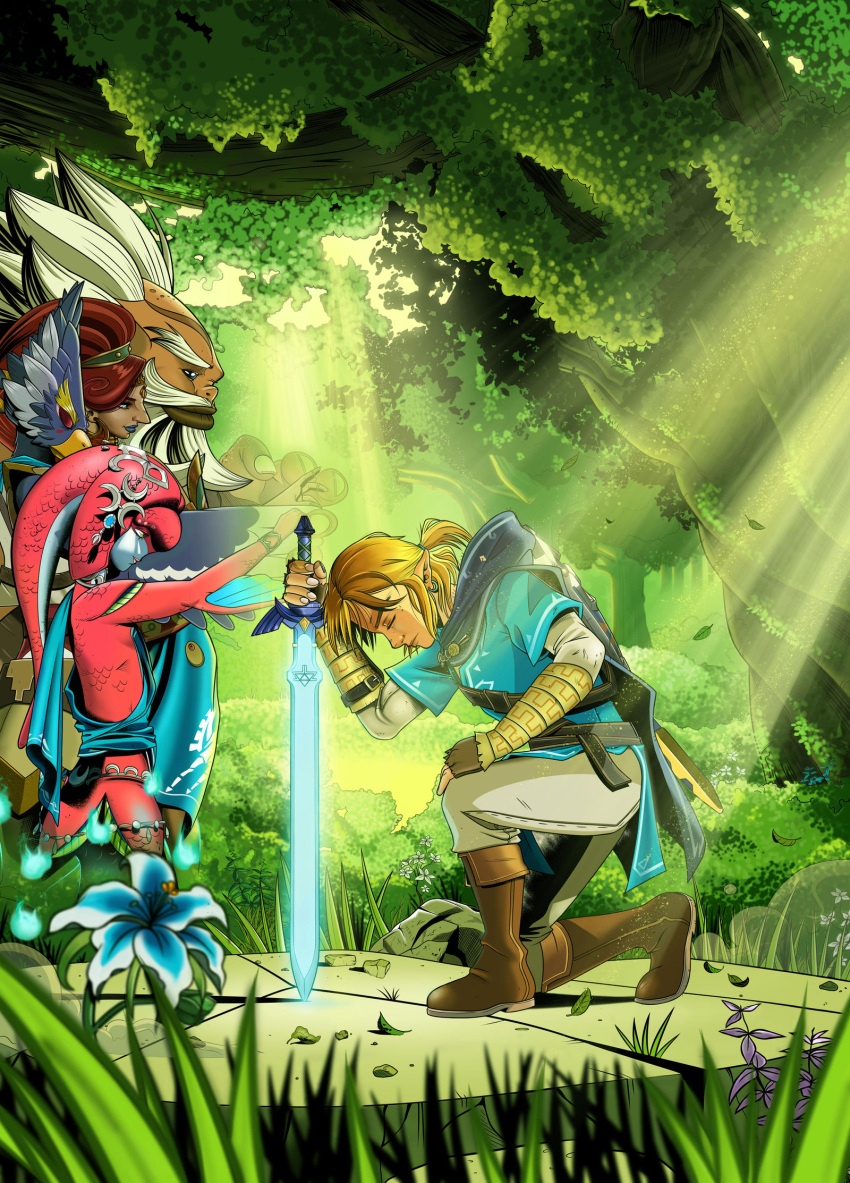 2019 2girls 3boys bird_boy bird_wings blue_flower boots champion's_tunic_(zelda) dark-skinned_female dark_skin daruk fallen_down fish_girl flower gerudo ghost glowing glowing_sword glowing_weapon goron highres holding holding_sword holding_weapon jewelry link master_sword mipha monster_boy monster_girl multiple_boys multiple_girls revali rito seidassen spirits sword the_legend_of_zelda the_legend_of_zelda:_breath_of_the_wild urbosa weapon winged_arms wings